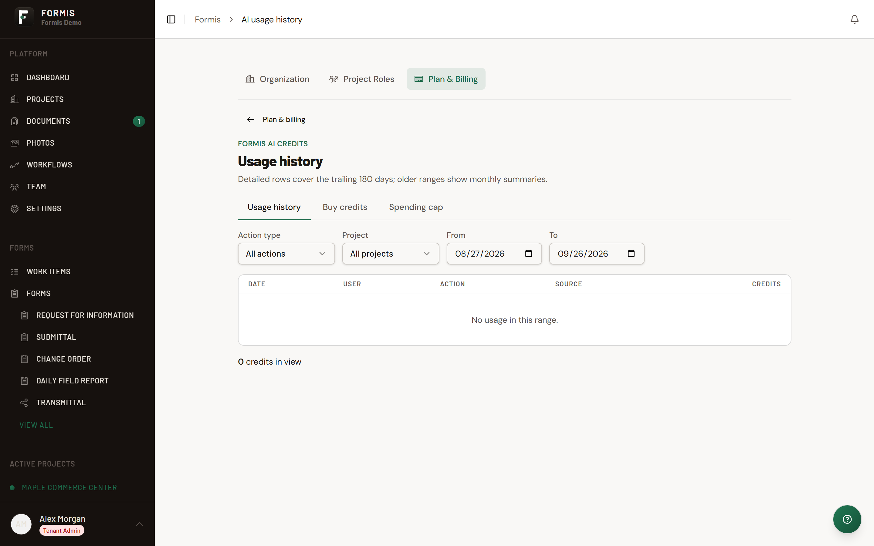 Screenshot: Usage history page for Formis AI credits.