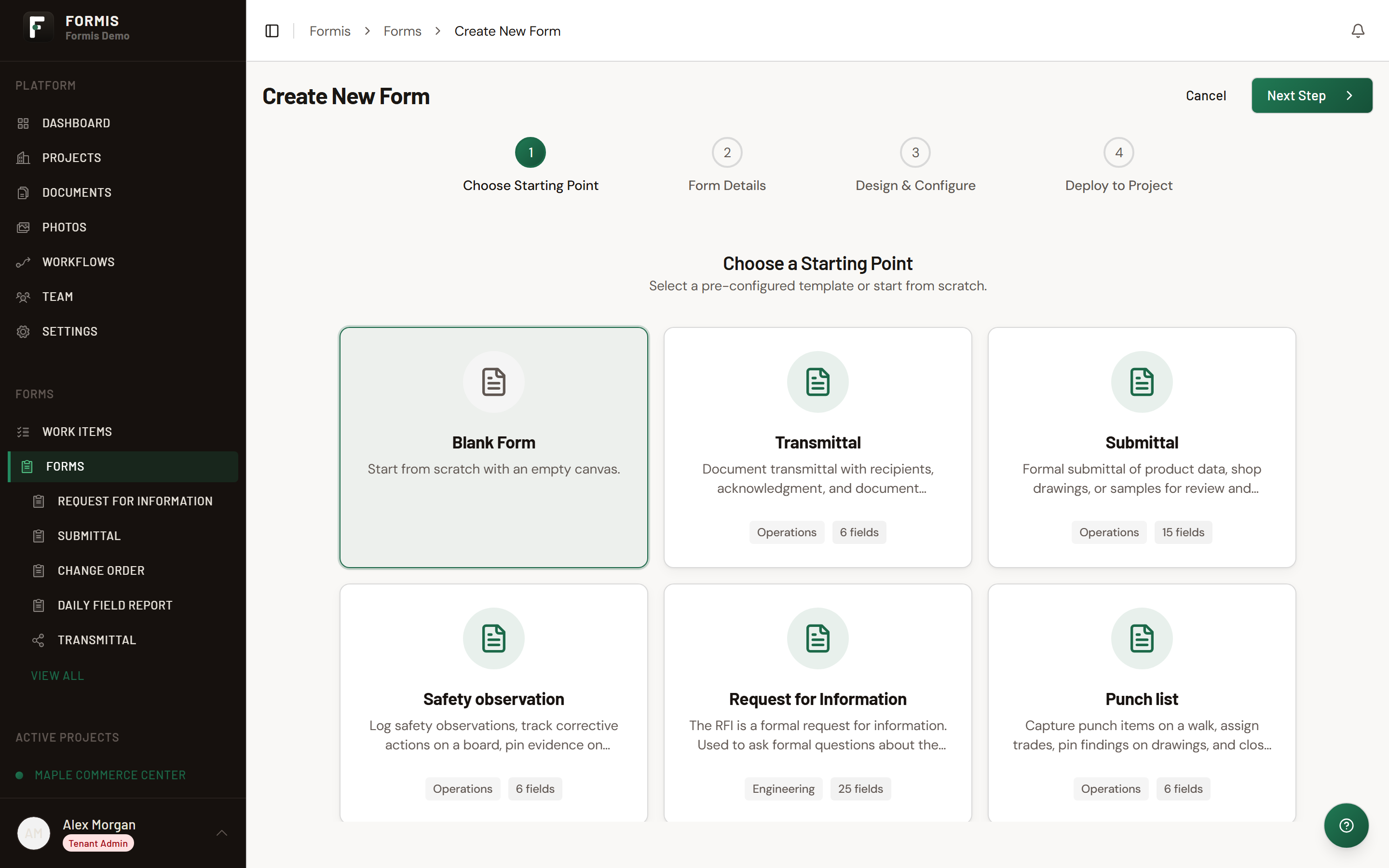 Screenshot: Create New Form wizard on Choose Starting Point with the Blank Form card selected.