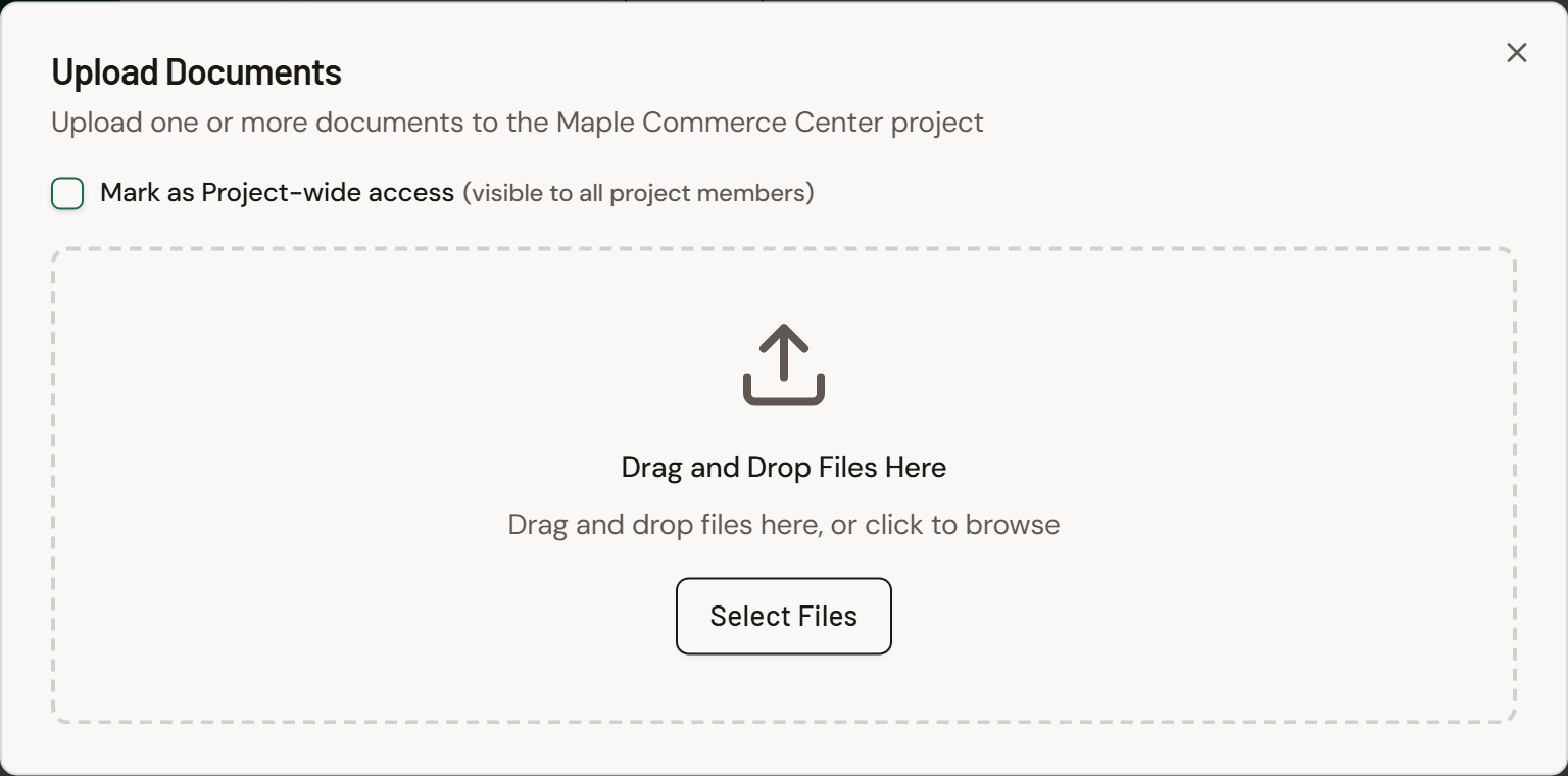 Screenshot: Documents upload options including Mark as Project-wide access.