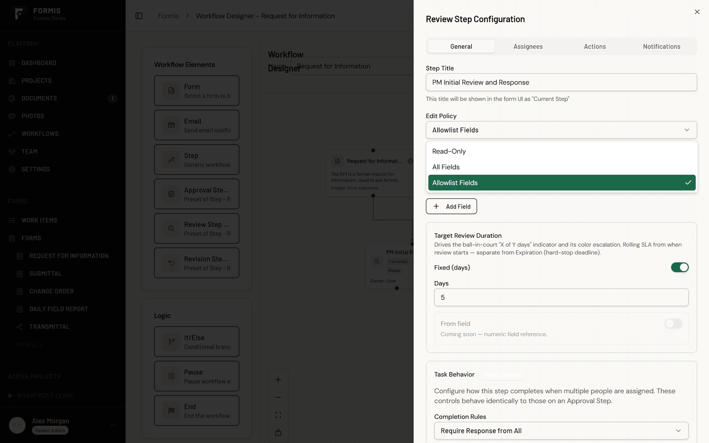 Completion rules expanded on a review step's Task Behavior settings in Formis