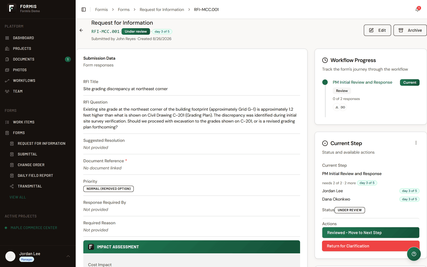 The reviewer's task view in Formis showing the form and its action choices
