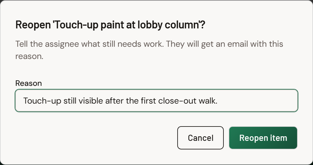 The Reopen dialog asking for a reason