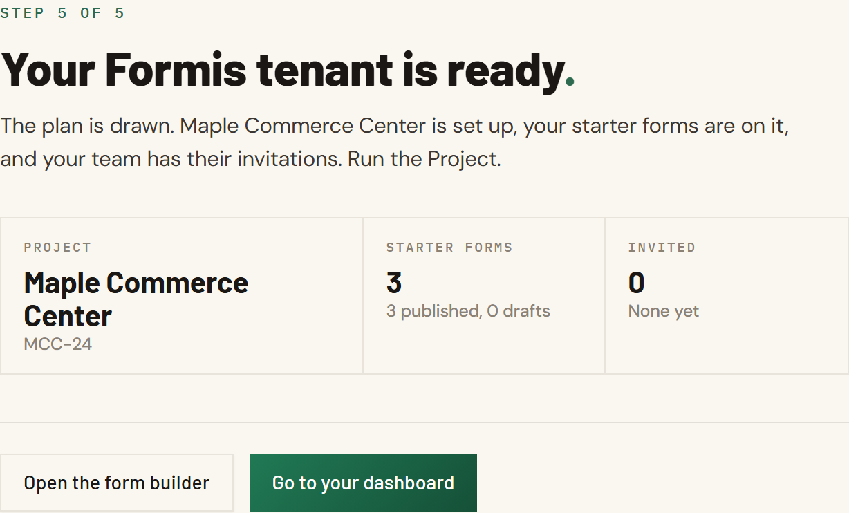 Screenshot: Setup Ready sheet summarizing Maple Commerce Center, deployed Request for Information, and invites, with Go to your dashboard at the bottom right.