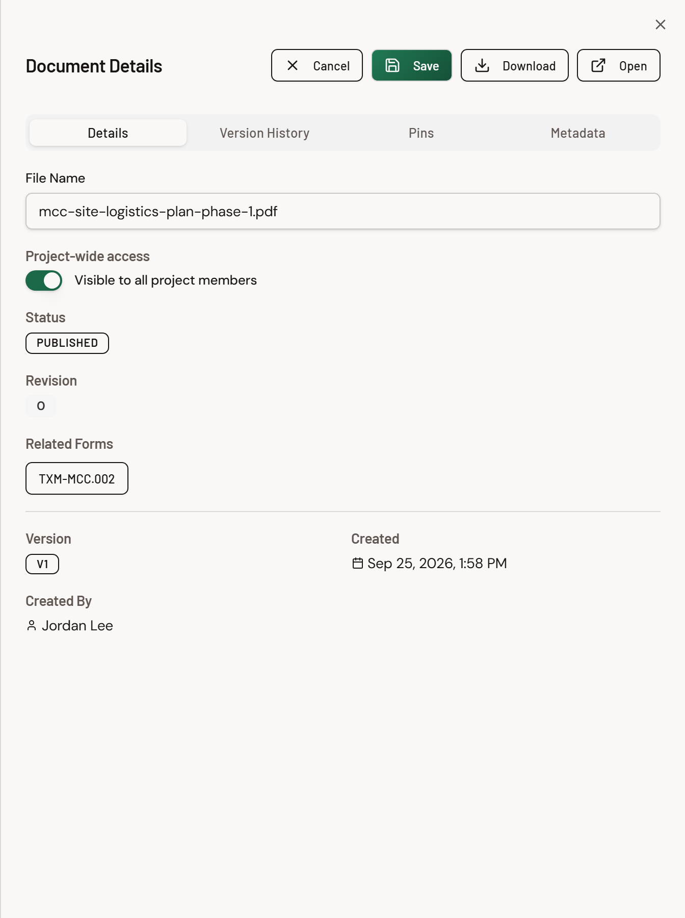 Screenshot: Document detail Project-wide access control set to visible to all project members.