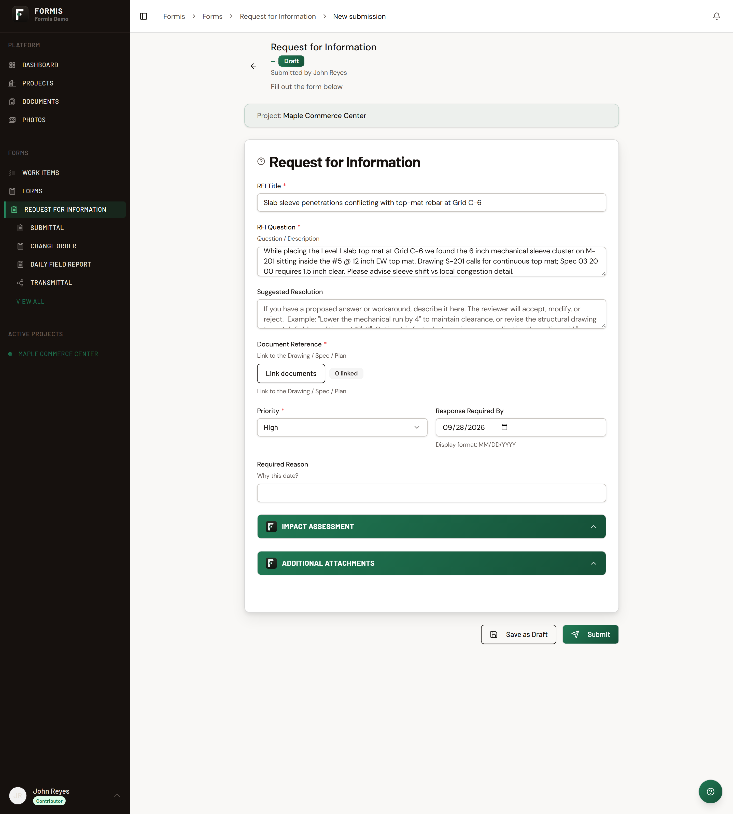 Screenshot: New Request for Information form open and filled with Submit visible.